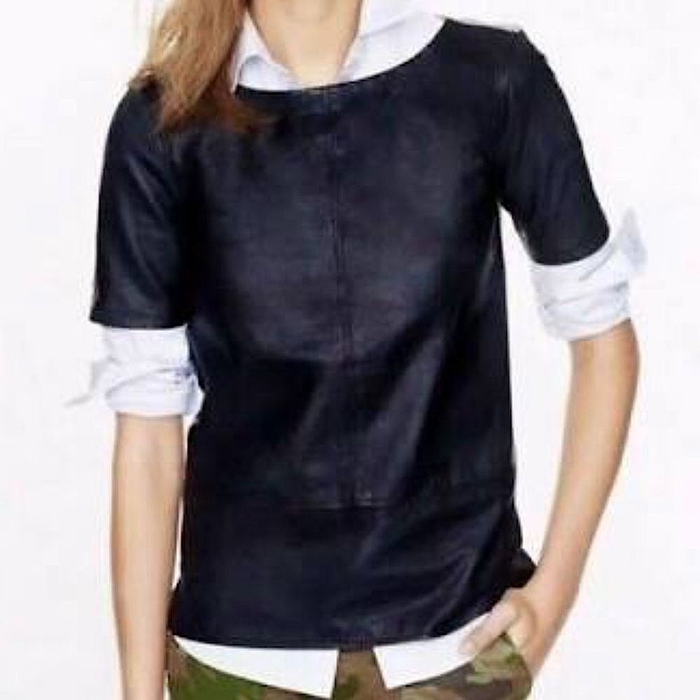 J. Crew Collection Genuine Leather Blue Top w/ Grey Cotton Back Size XS NWT